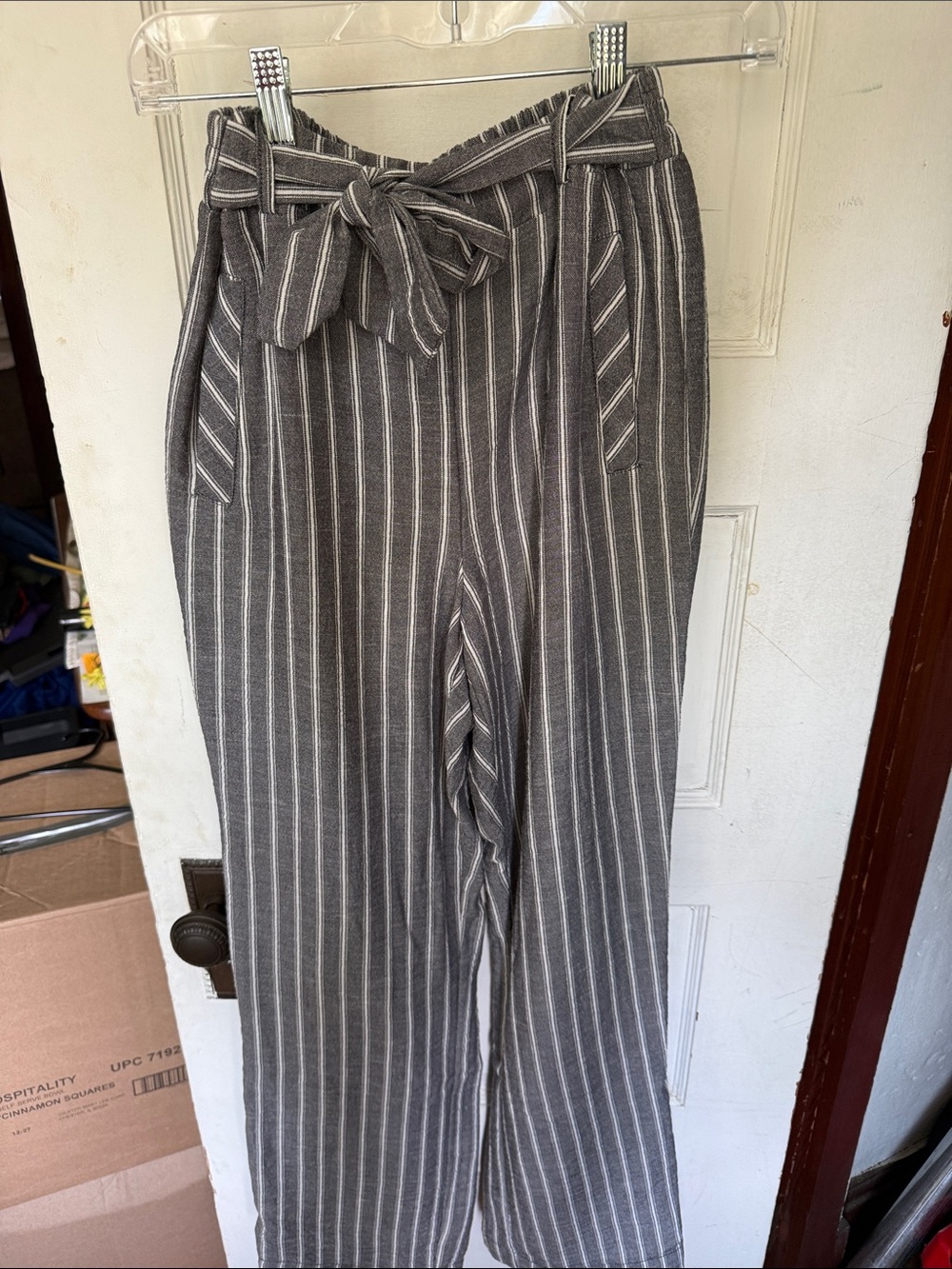 Striped Paperbag Waist Wide-Leg Pants - Gray